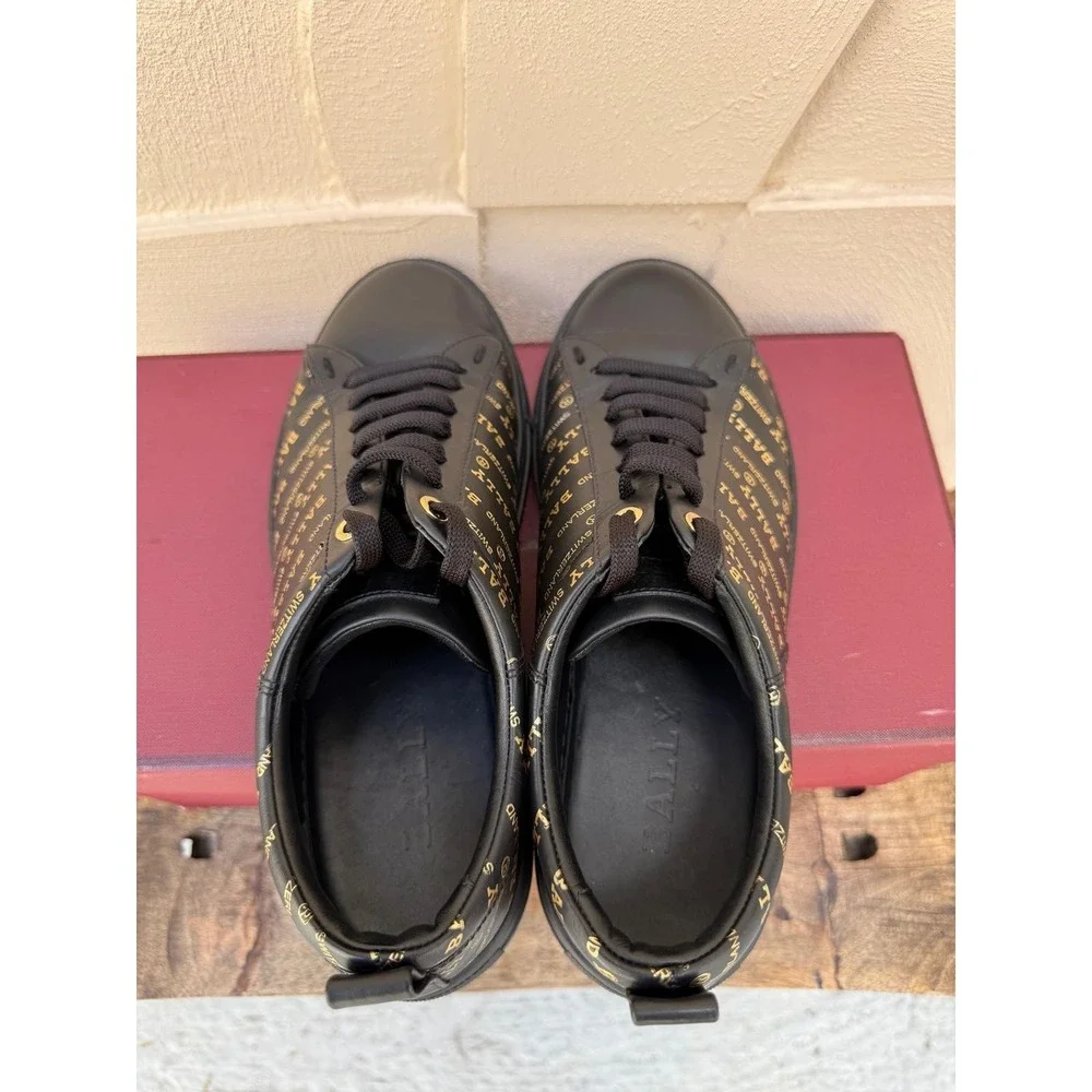 Bally Helmer Metallic Gold Logo All Over Print Leather Low Top Sneaker‎ Shoes 8D